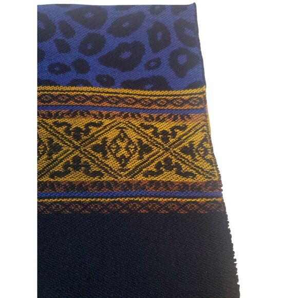 Womens Wool Scarf 64" x 27" Yellow Purple Navy Animal 1/2" Fringe Made in C.E.E. - Picture 5 of 13